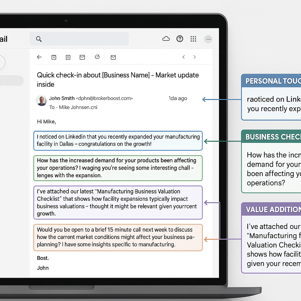 Personalized Email Example showing Personal Touch, Business Check-in, Value Addition, and Discovery Call CTA